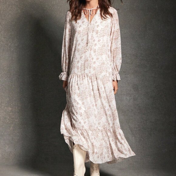 Brown Casual Women's Chiffon Long Sleeve Floral Maxi Dress - Picture 4 of 5